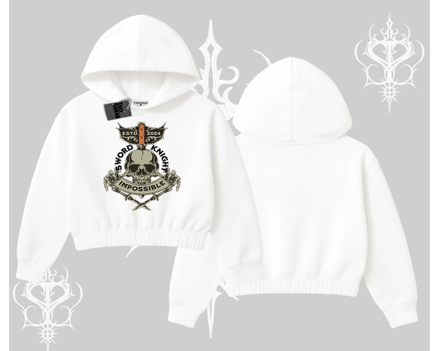 Kapşonlu Crop Sweatshirt Sword Knight Skull Impossible Street Creed