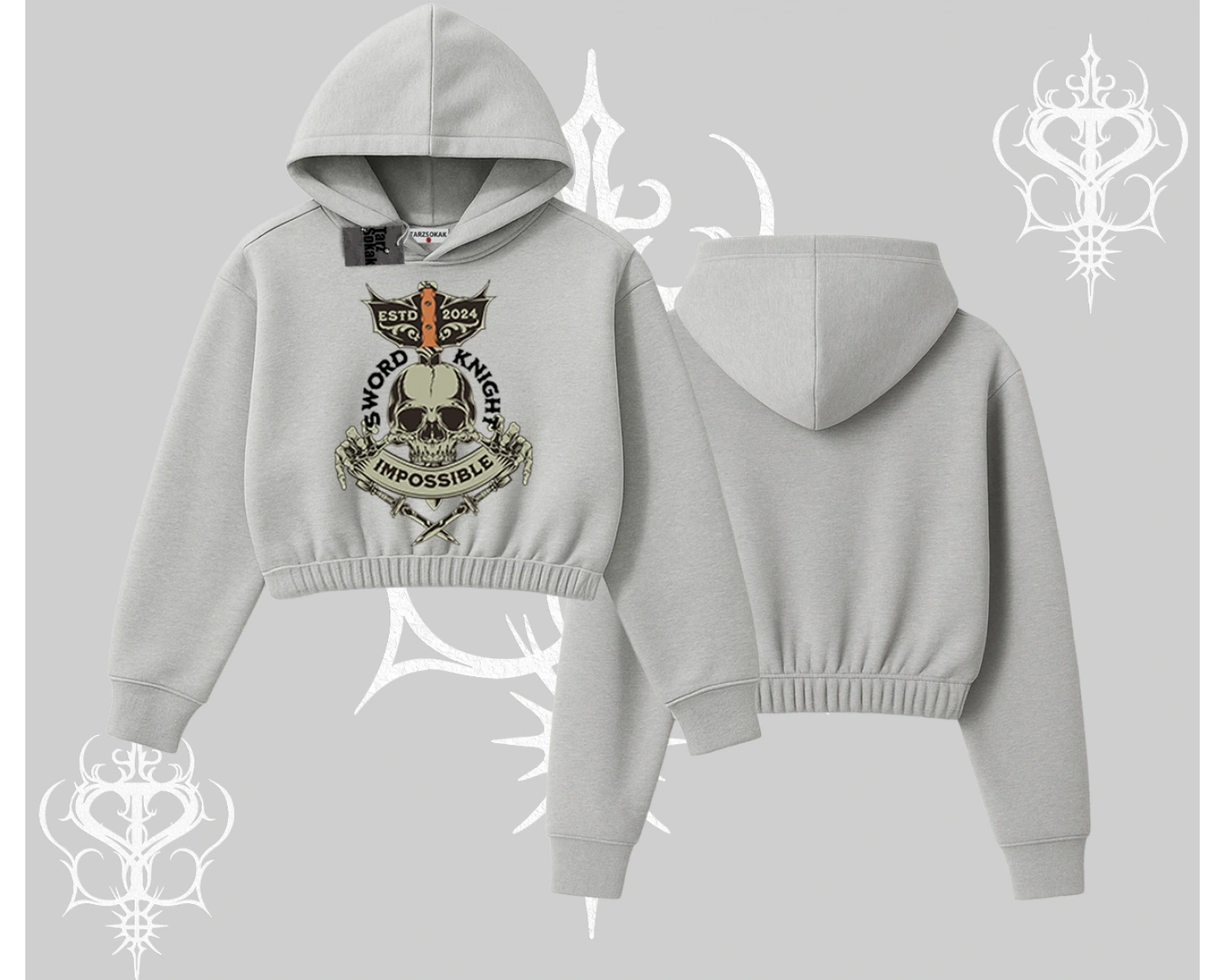 Kapşonlu Crop Sweatshirt Sword Knight Skull Impossible Street Creed