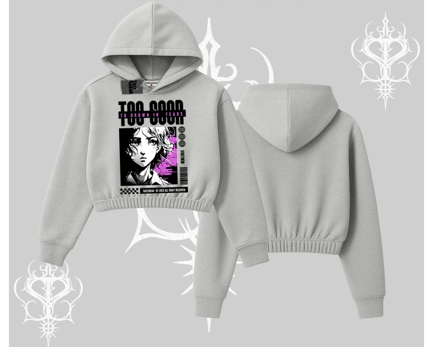 Kapşonlu Crop Sweatshirt Too Good Anime Girl Grafik Baskılı