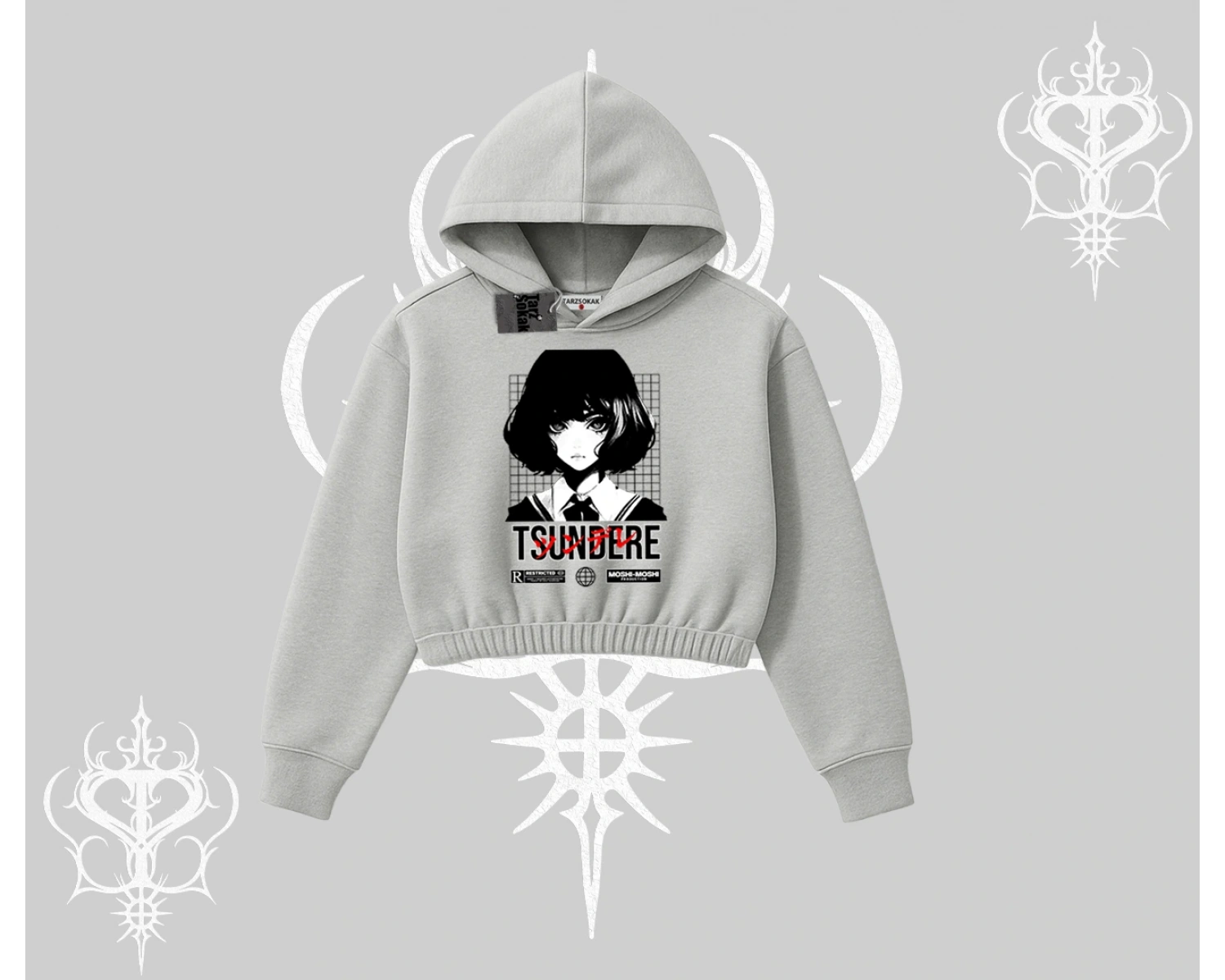 Kapşonlu Crop Sweatshirt Tsundere Anime Japanese Style Baskılı