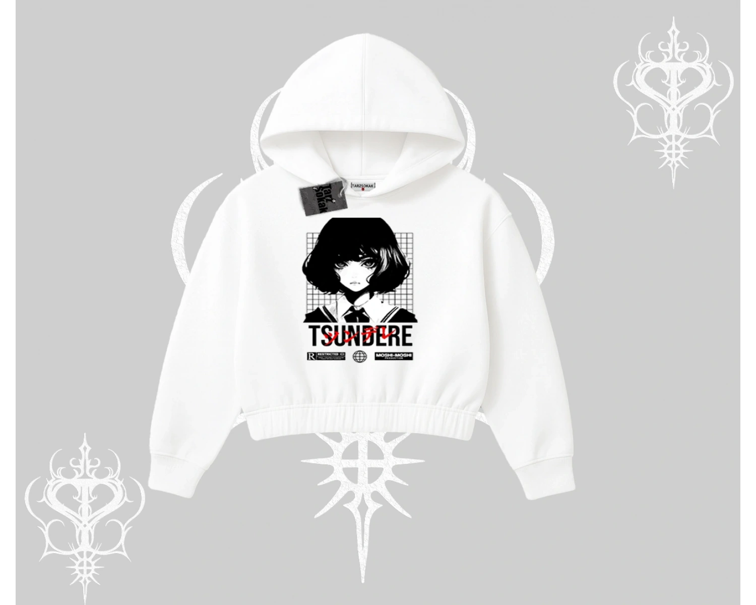 Kapşonlu Crop Sweatshirt Tsundere Anime Japanese Style Baskılı