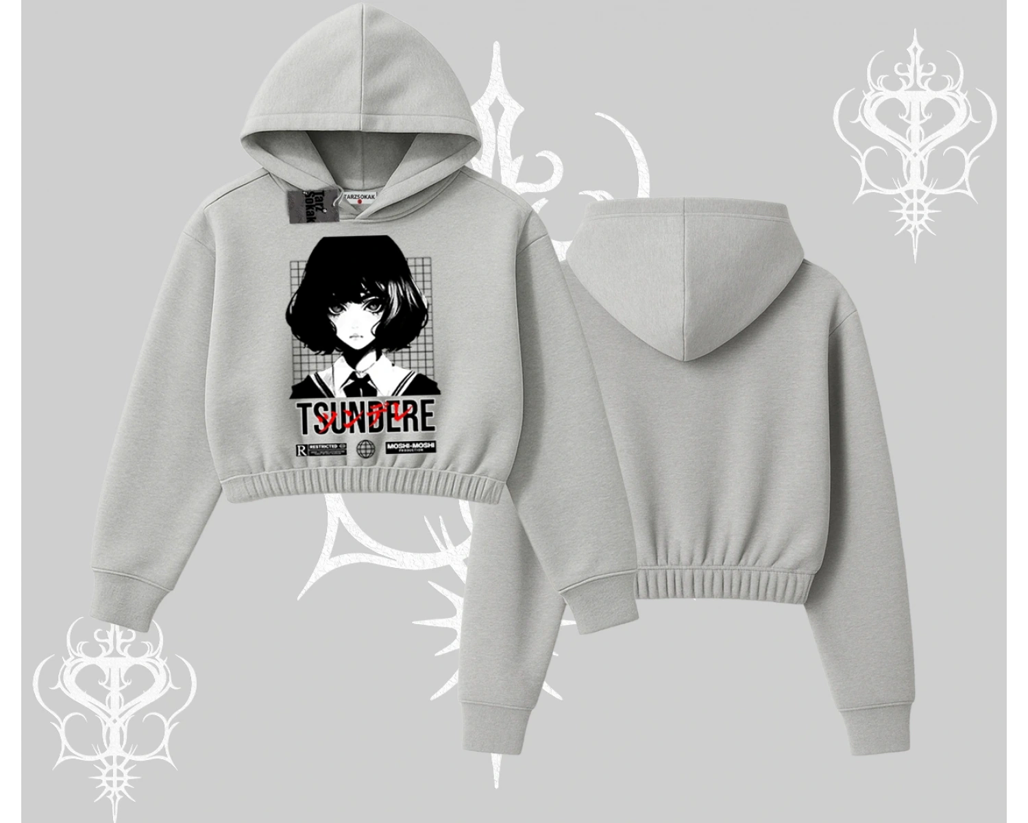 Kapşonlu Crop Sweatshirt Tsundere Anime Japanese Style Baskılı