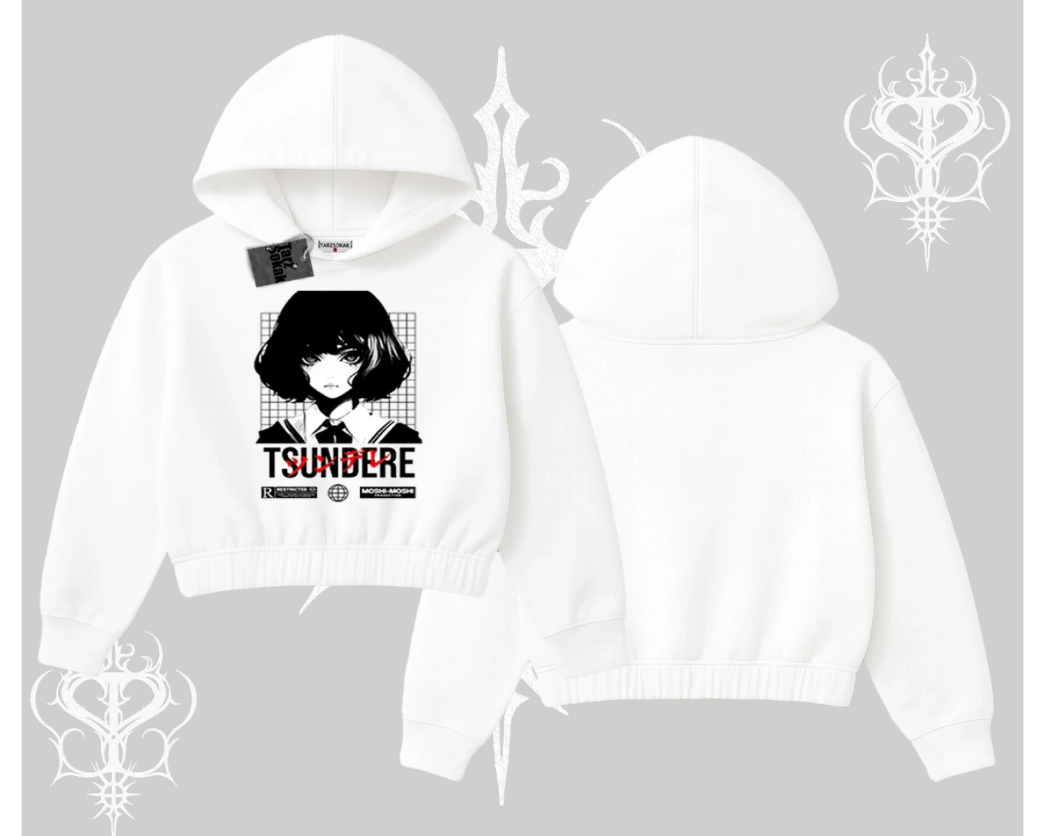 Kapşonlu Crop Sweatshirt Tsundere Anime Japanese Style Baskılı