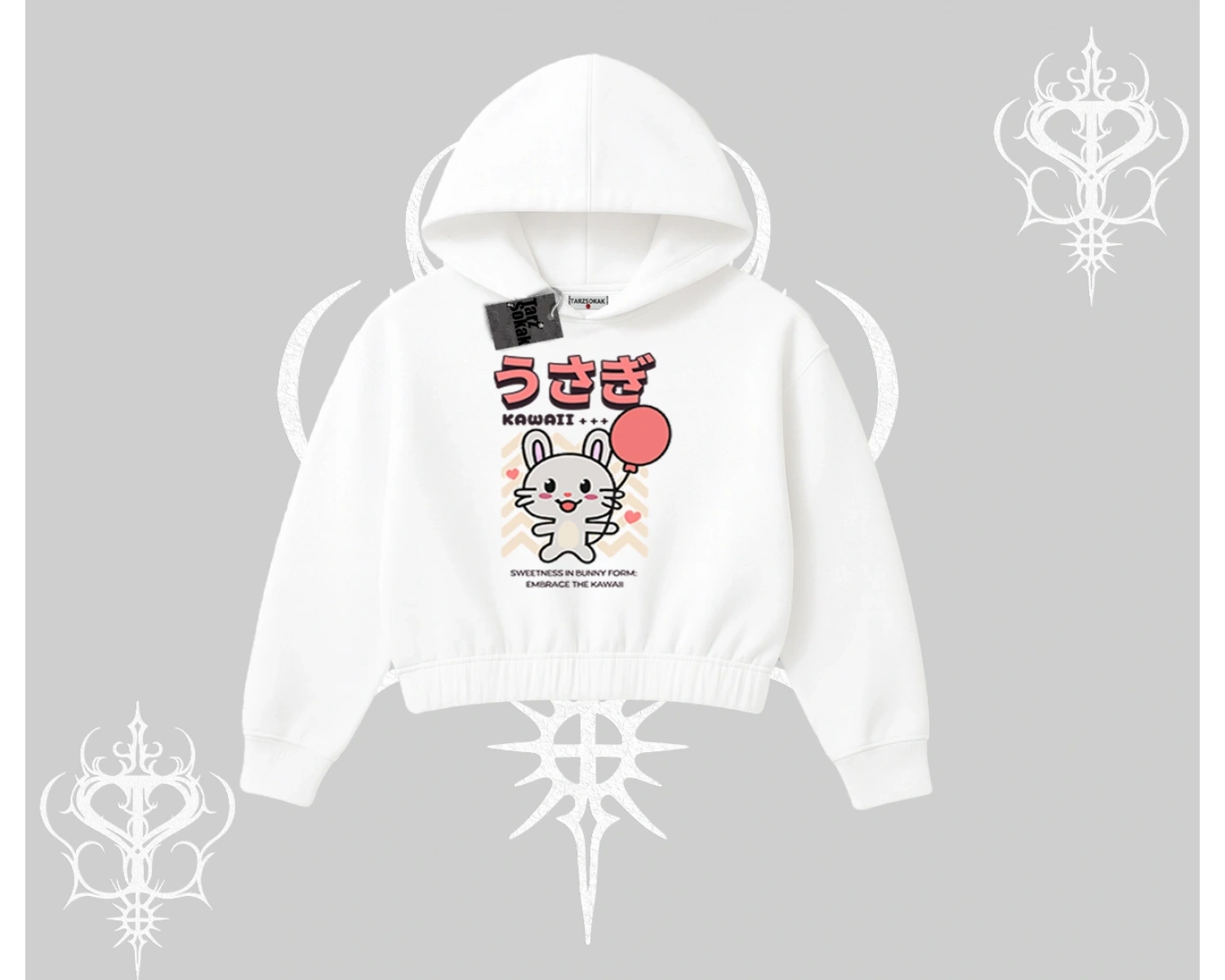 Kapşonlu Crop Sweatshirt Usagi Kawaii Cute Heart Energy