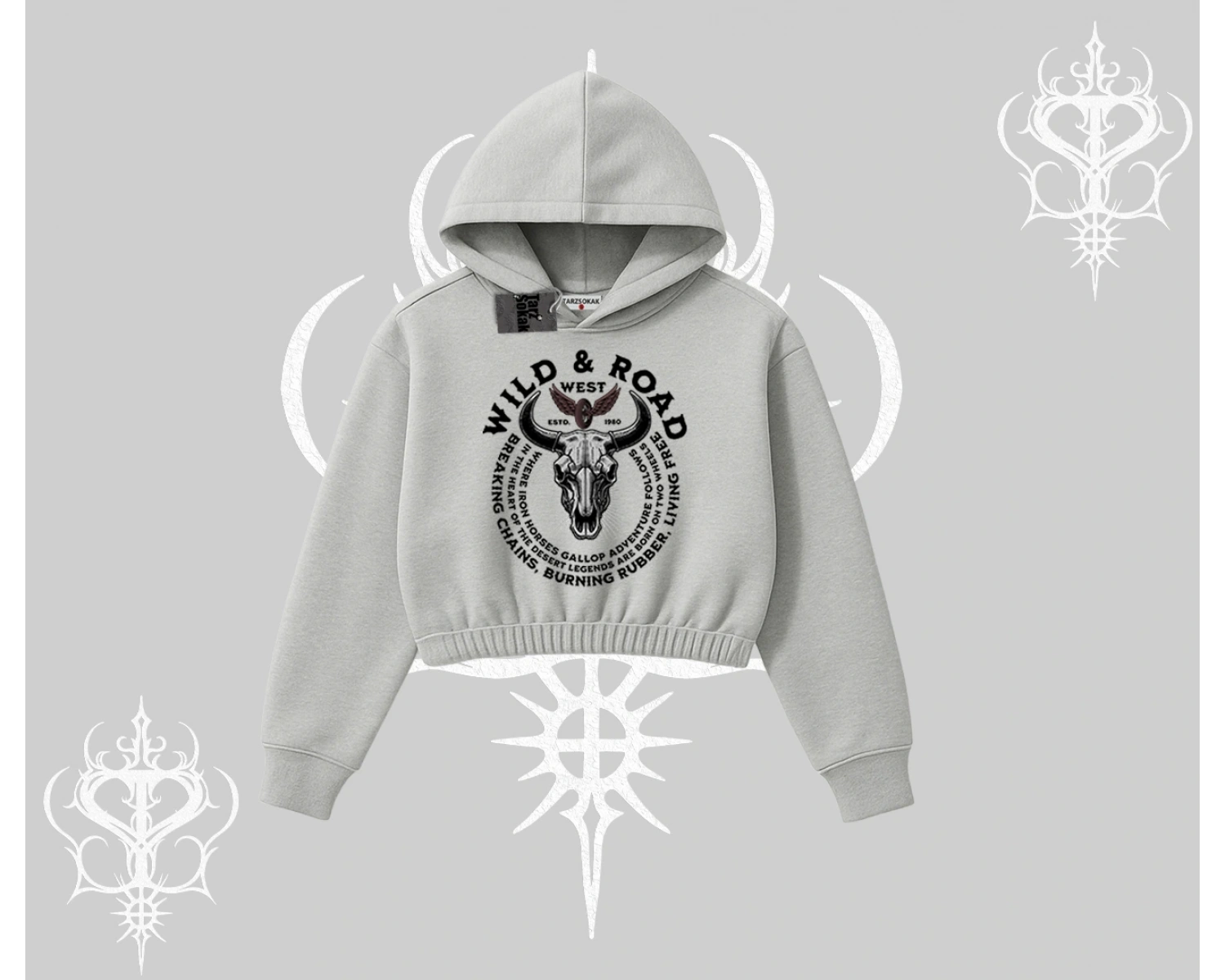 Kapşonlu Crop Sweatshirt Wild & Road Western Skull Biker Street Culture