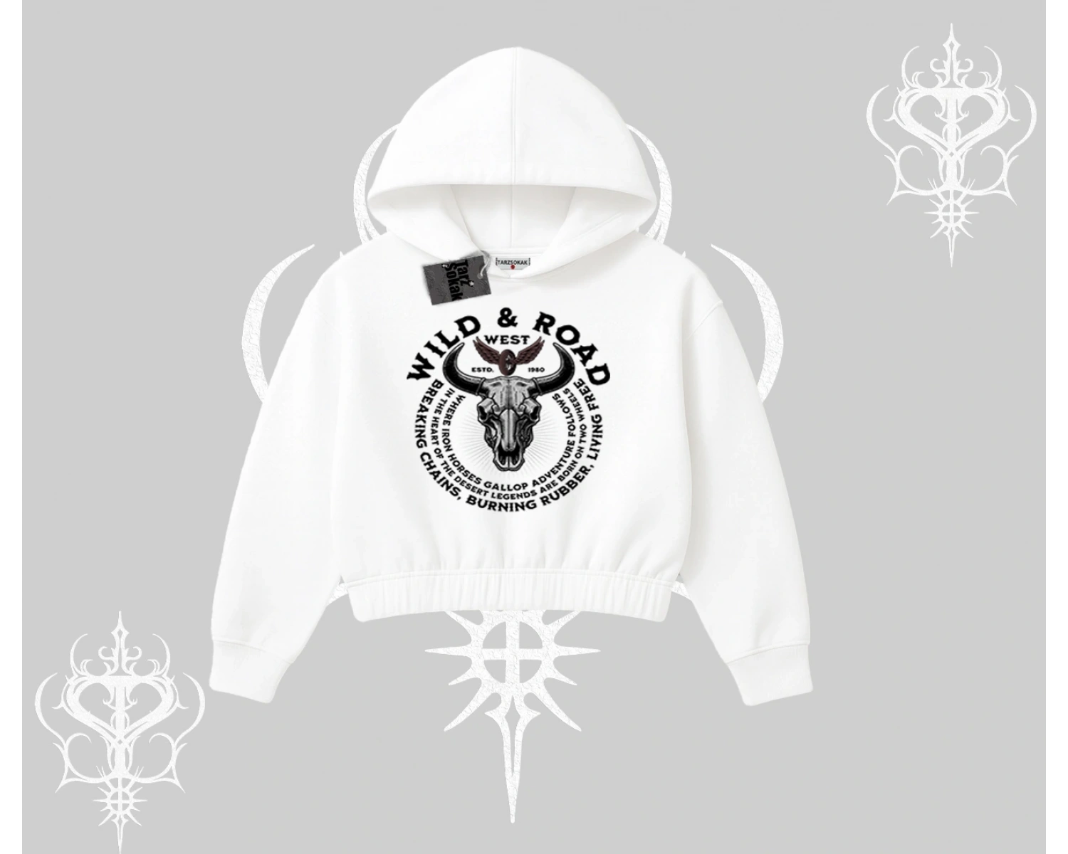 Kapşonlu Crop Sweatshirt Wild & Road Western Skull Biker Street Culture