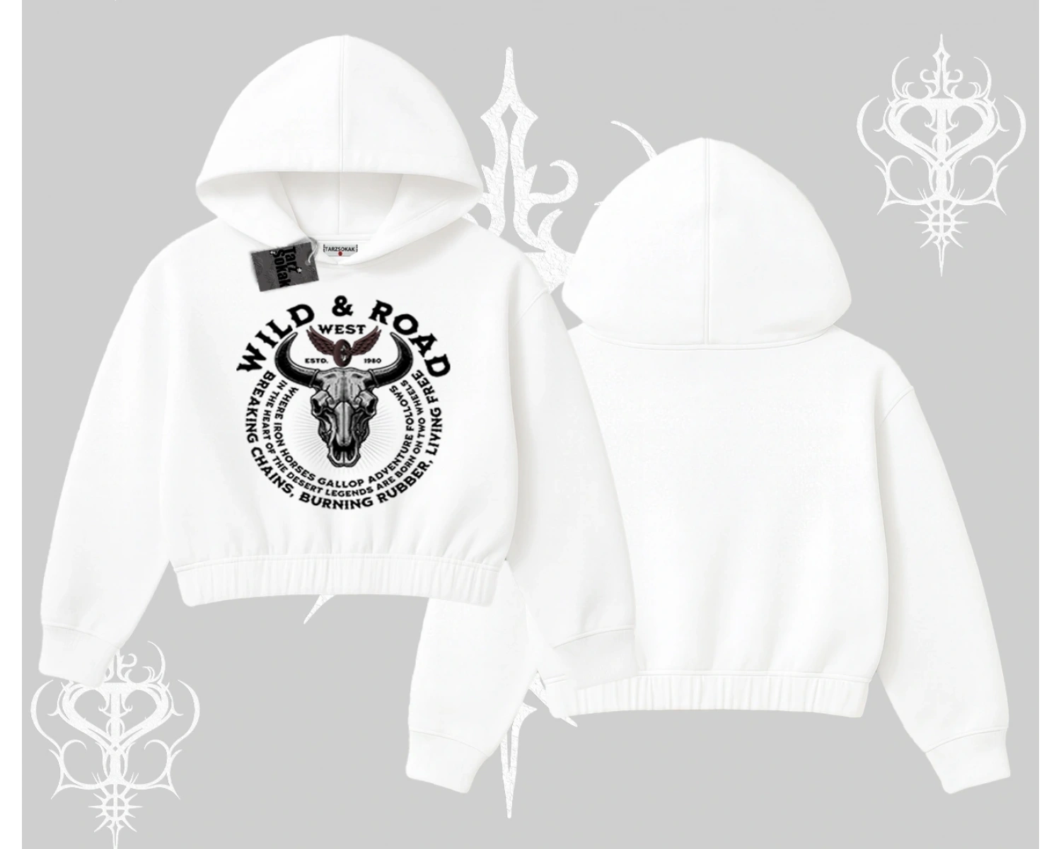 Kapşonlu Crop Sweatshirt Wild & Road Western Skull Biker Street Culture