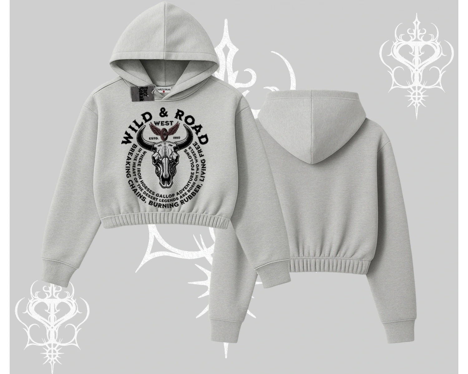 Kapşonlu Crop Sweatshirt Wild & Road Western Skull Biker Street Culture