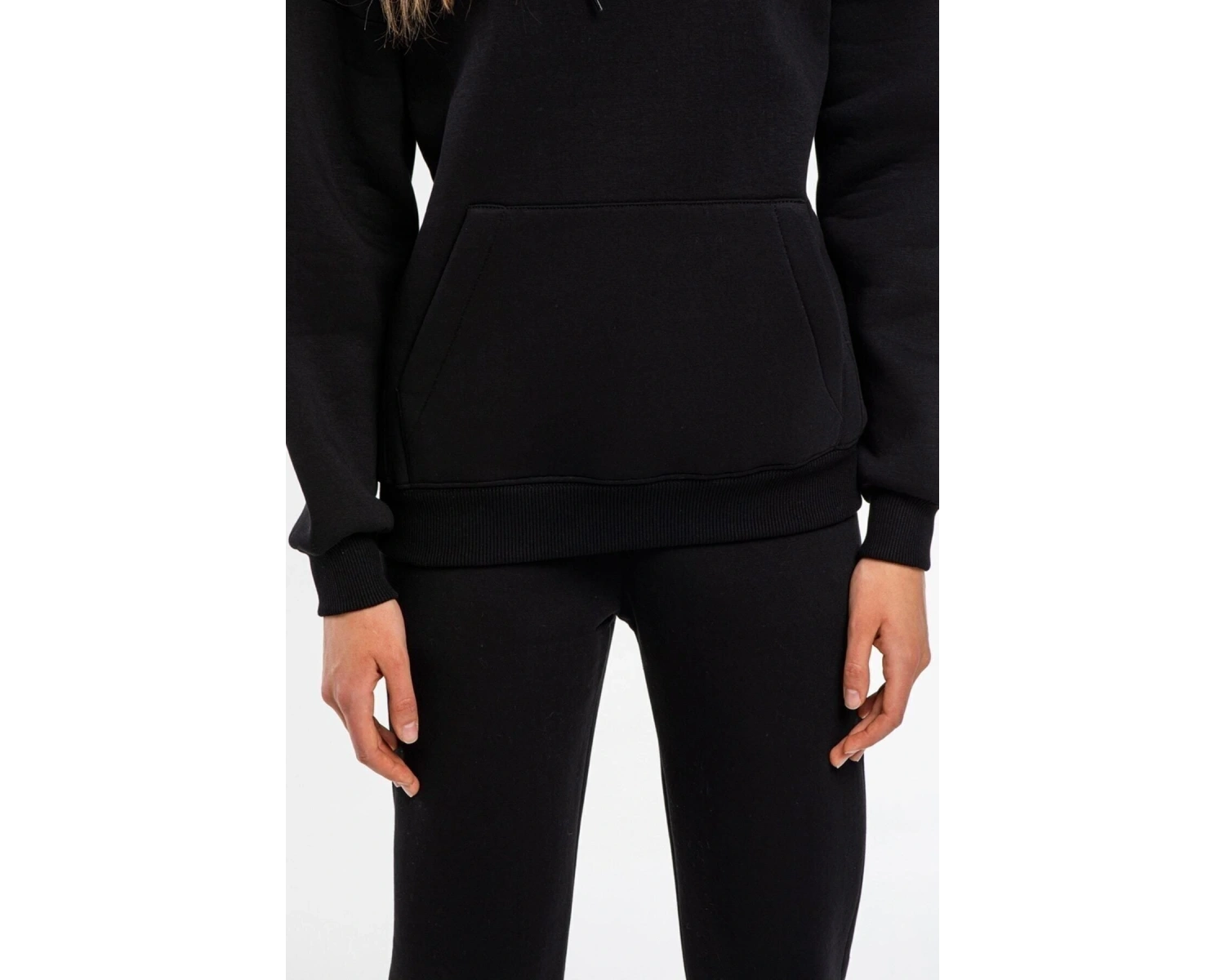 Kapşonlu Kadın Siyah Renkli 2 Iplik Polarlı Eşofman Takımı Cy84201