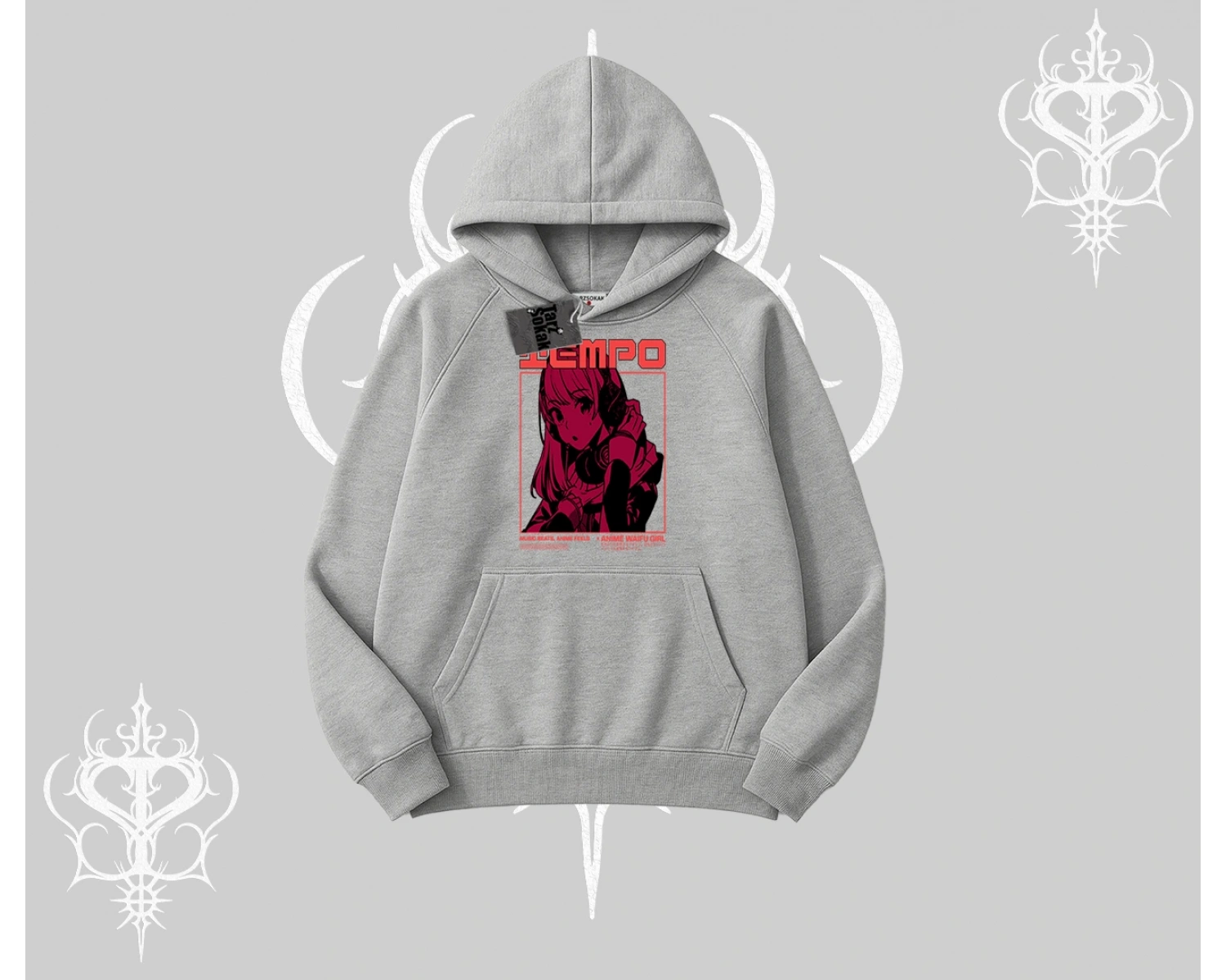 Kapşonlu Sweatshirt Anime Waifu Kırmızı Grafik Desenli