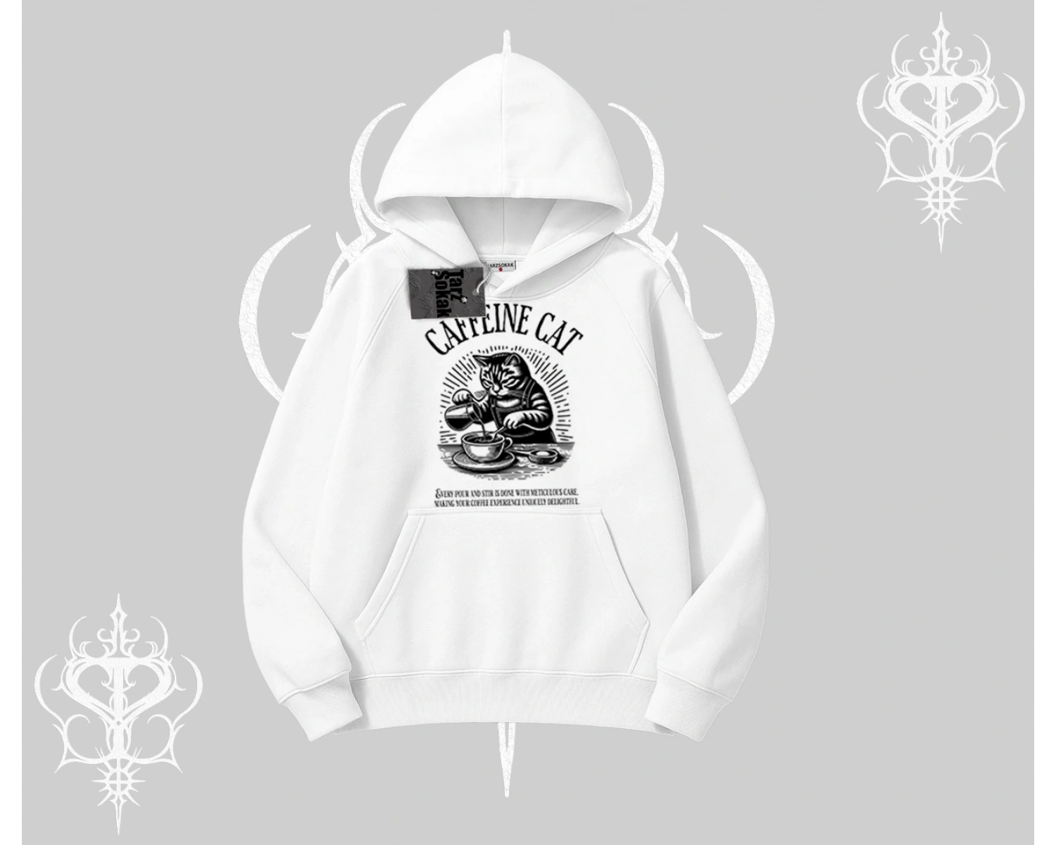 Kapşonlu Sweatshirt Caffeine Cat Kahve Temalı Kedi Baskılı