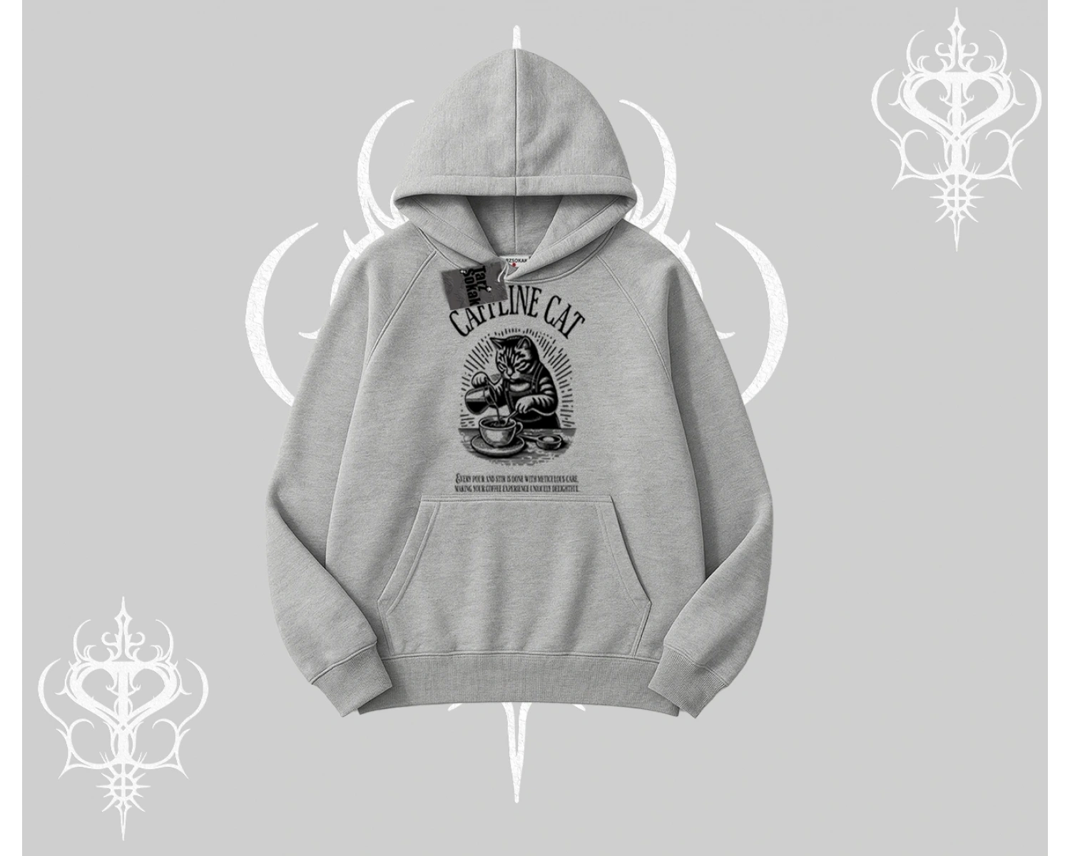 Kapşonlu Sweatshirt Caffeine Cat Kahve Temalı Kedi Baskılı