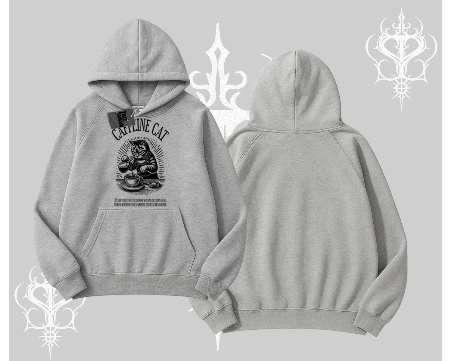 Kapşonlu Sweatshirt Caffeine Cat Kahve Temalı Kedi Baskılı