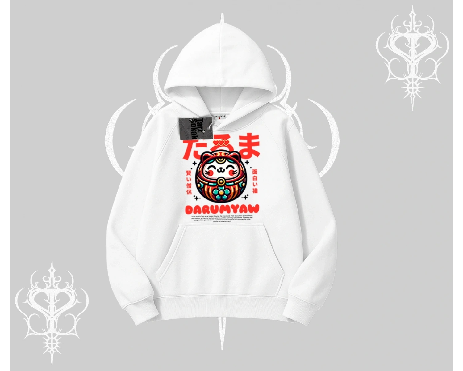Kapşonlu Sweatshirt Daruma Kedi Anime Baskılı