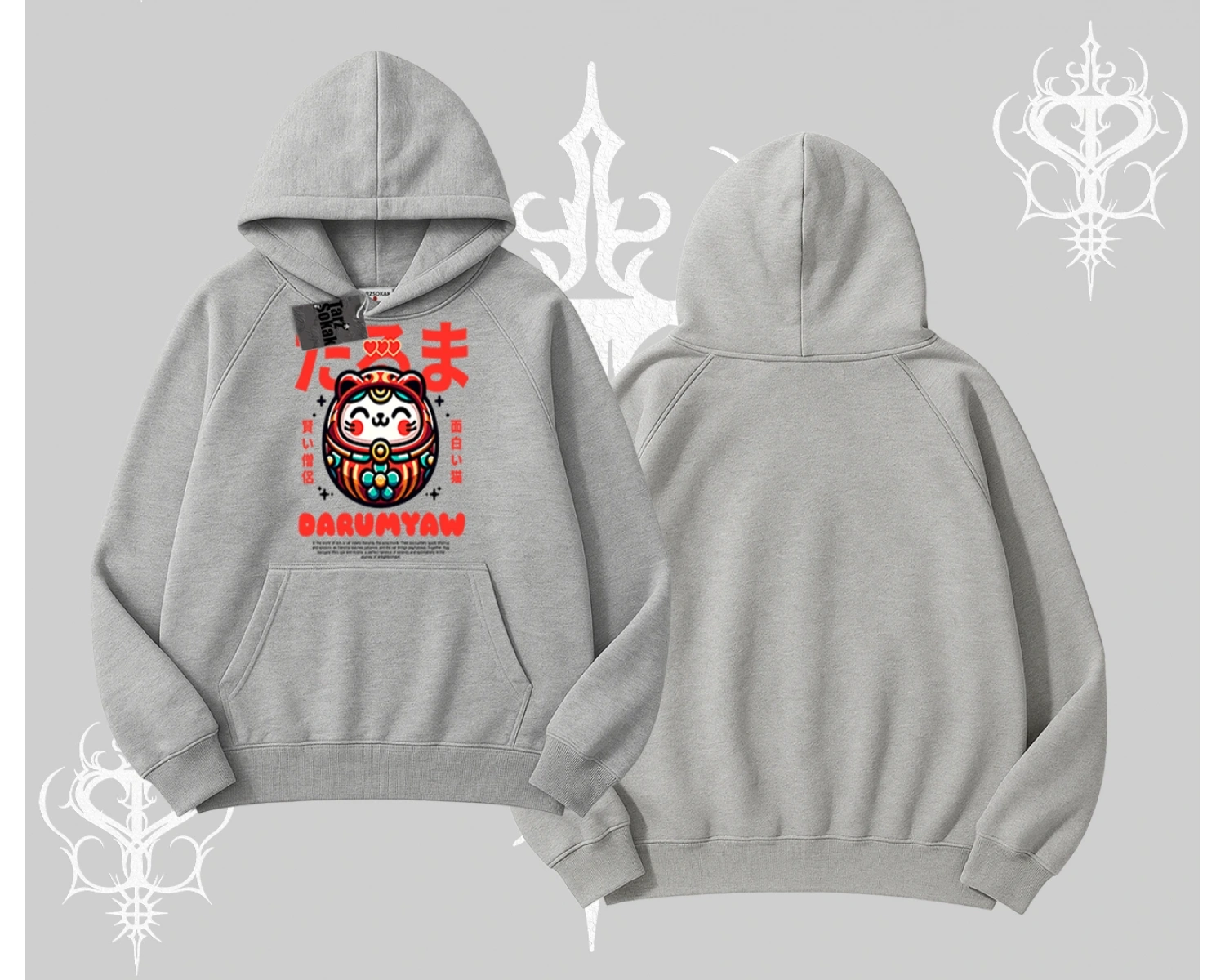 Kapşonlu Sweatshirt Daruma Kedi Anime Baskılı
