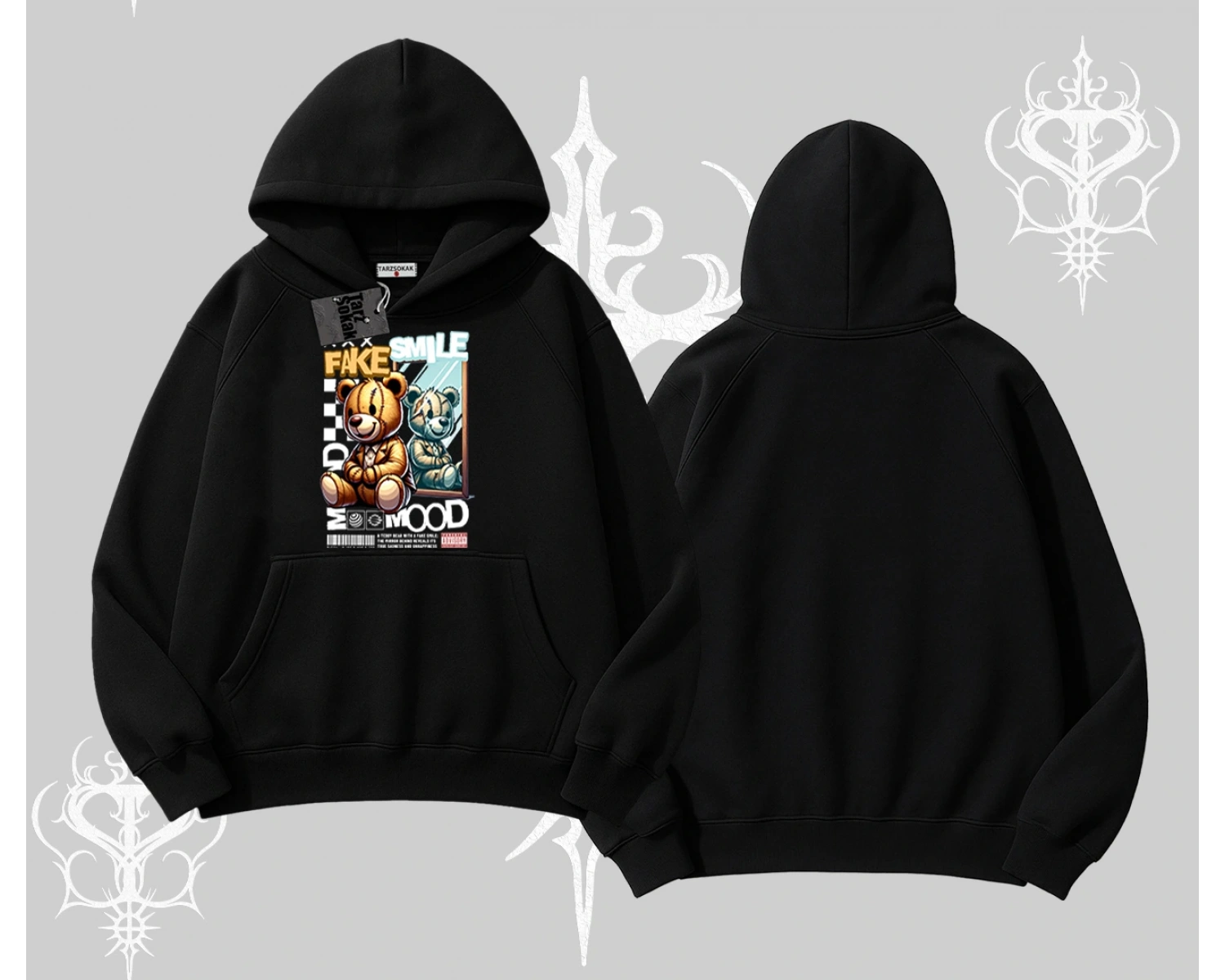 Kapşonlu Sweatshirt Fake Smile Mood Ayıcık Grafik Baskılı