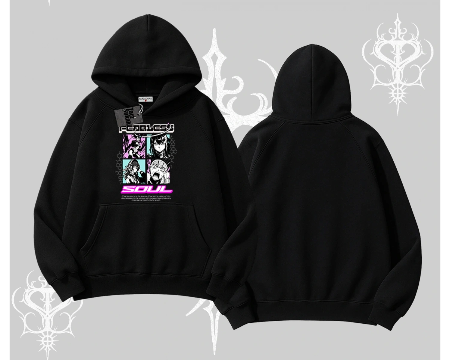 Kapşonlu Sweatshirt Fearless Soul Anime Kolaj Baskılı