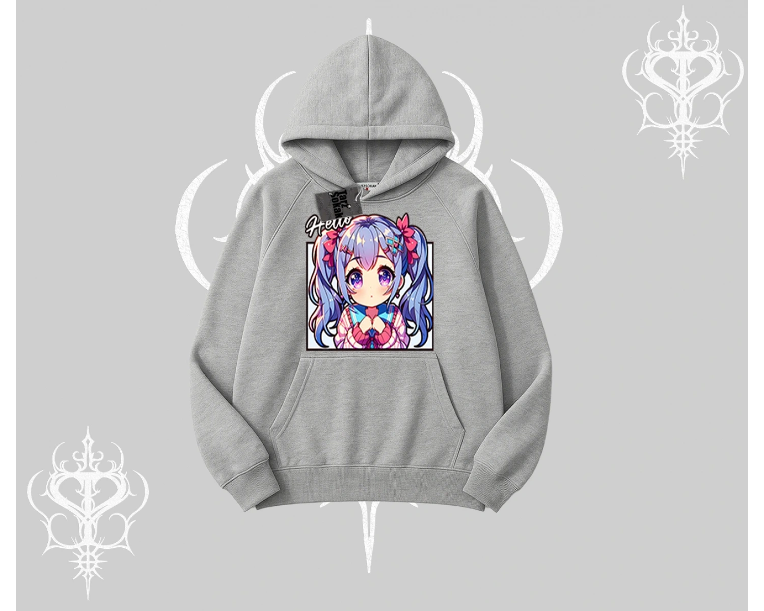 Kapşonlu Sweatshirt Hello Anime Kız Sevimli Karakter Baskılı