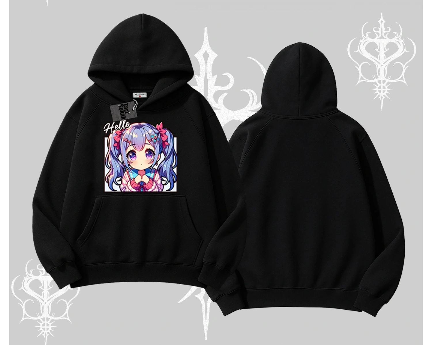 Kapşonlu Sweatshirt Hello Anime Kız Sevimli Karakter Baskılı