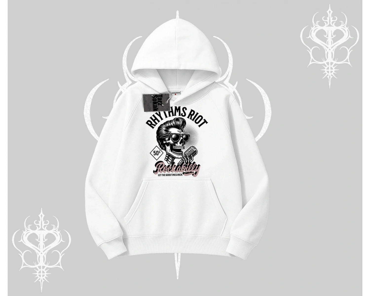 Kapşonlu Sweatshirt Rhythms Riot Vintage Rockabilly Skull Street Aesthetic