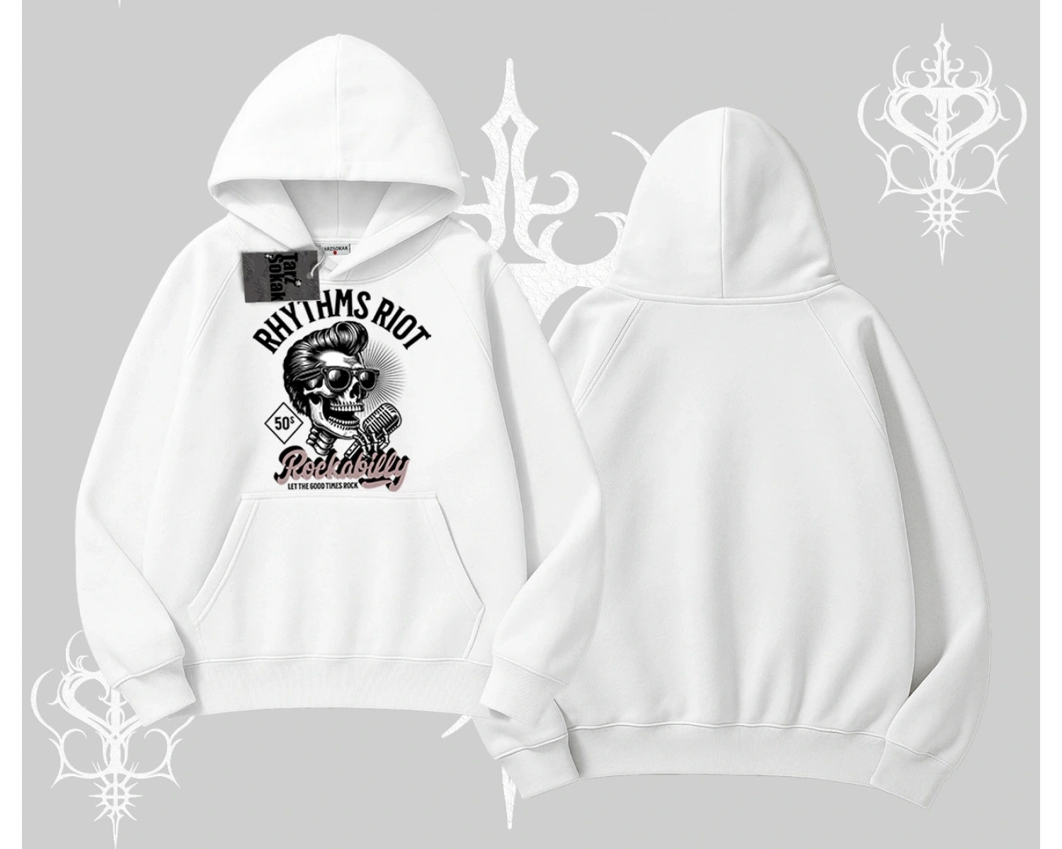 Kapşonlu Sweatshirt Rhythms Riot Vintage Rockabilly Skull Street Aesthetic