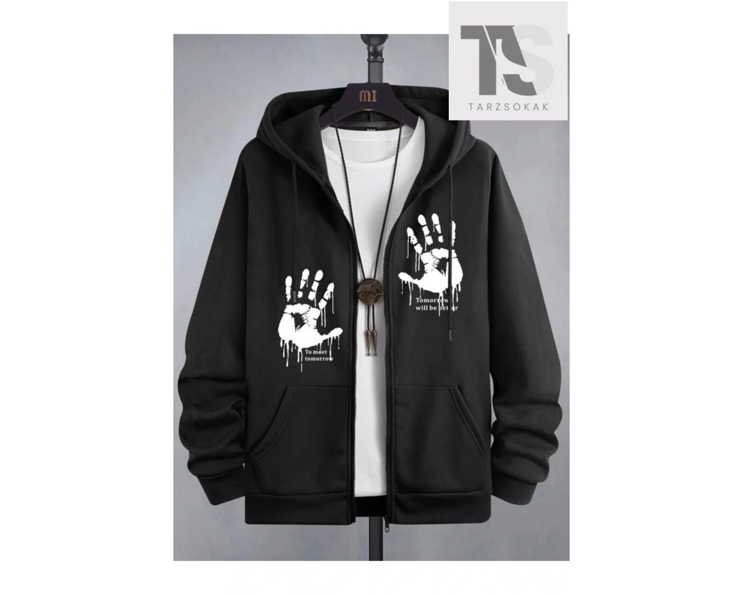 Kapüşonlu Unisex Siyah El Baskılı Fermuarlı