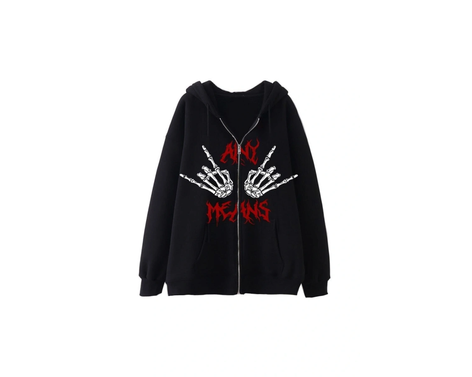 Karanlık Gotik El Kemik Baskılı Fermuarlı Hoodie 14536