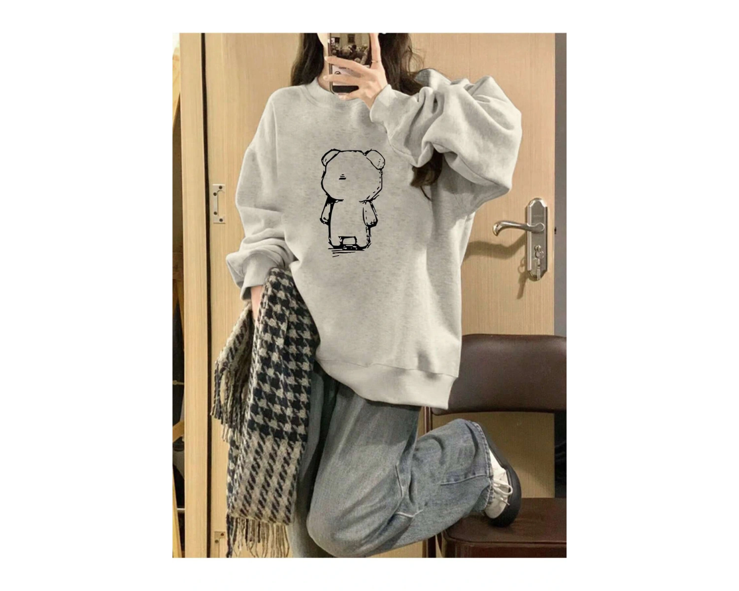 Karikatür Ayı Desenli Damla Sweat Beyaz