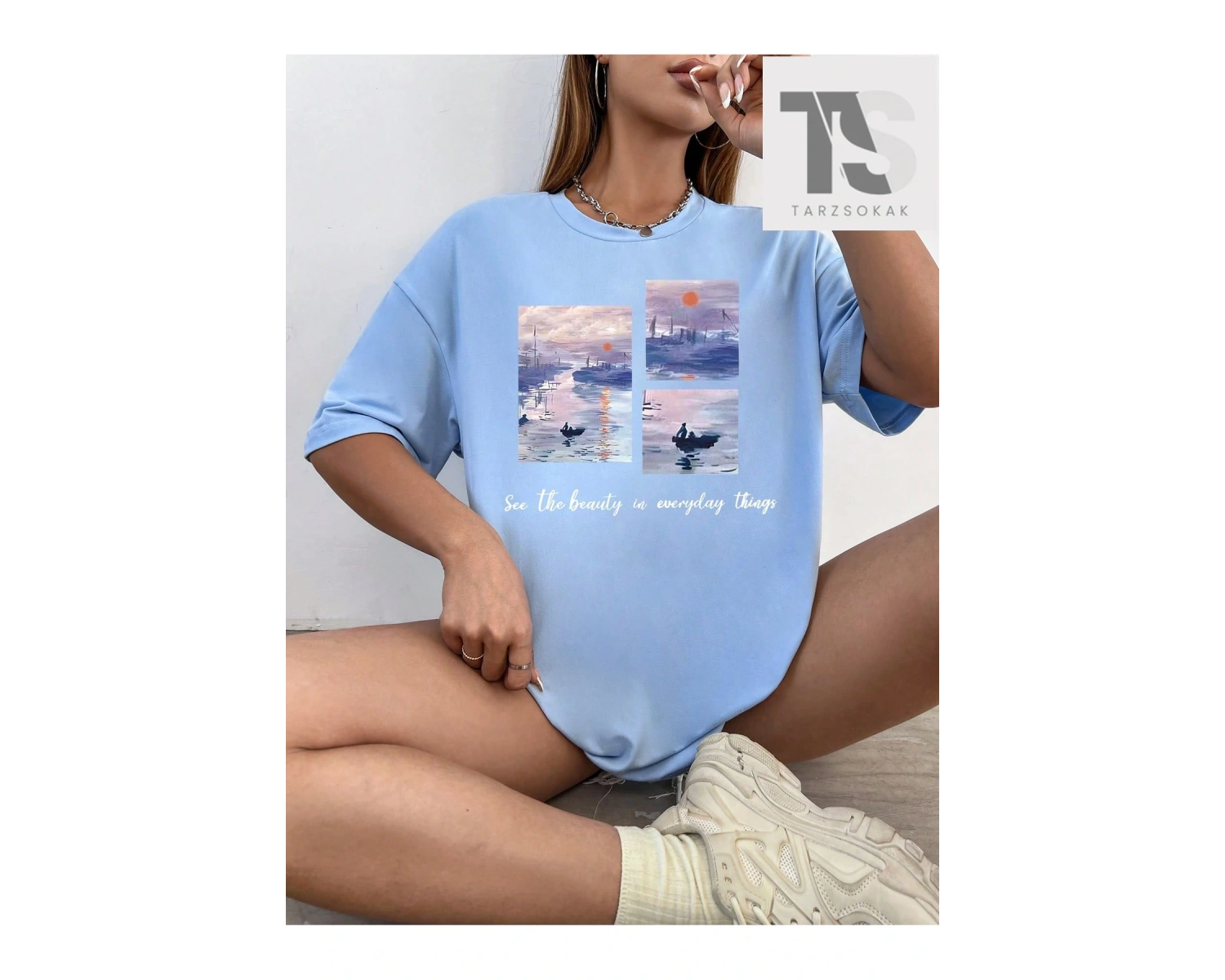 Karikatür Grafik Düşük Omuz Büyük Boy Tişört