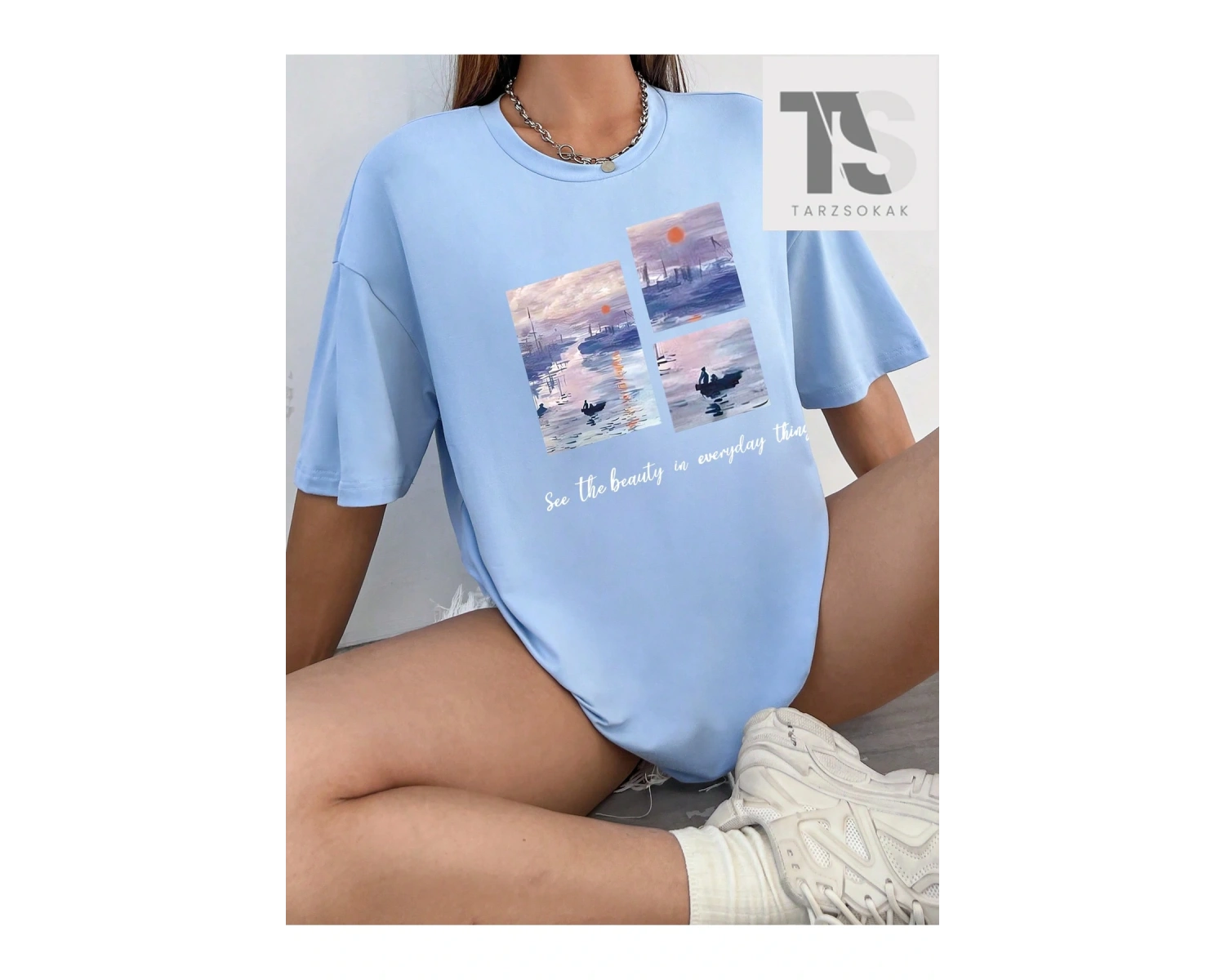 Karikatür Grafik Düşük Omuz Büyük Boy Tişört