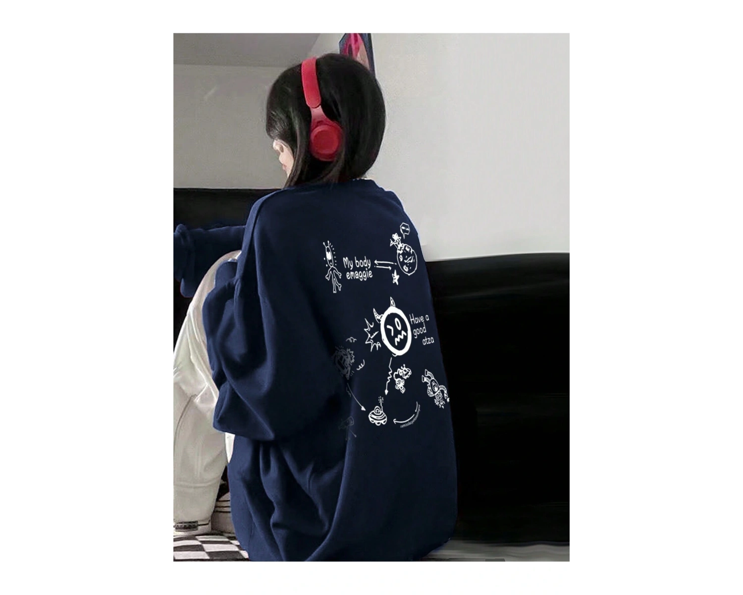 Karikatür & Harf Grafik Düşük Omuz Oversize Sweat Lacivert