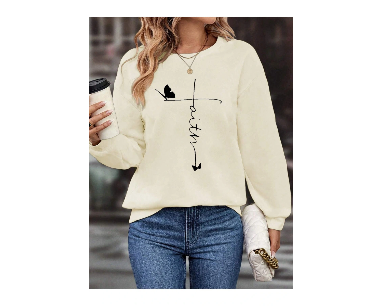 Karikatür & Harf Grafikli Damla Omuzlu Kazak Bej