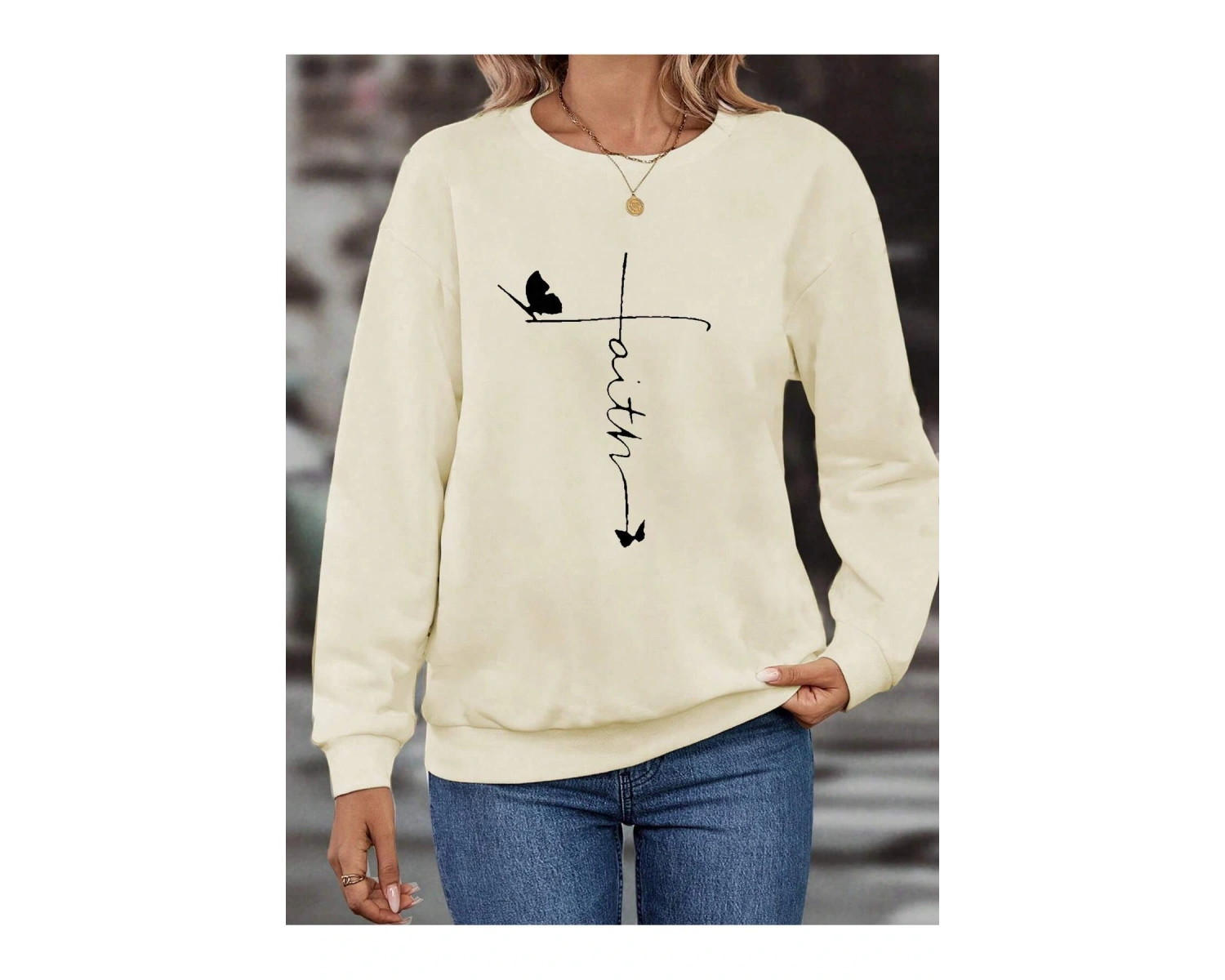 Karikatür & Harf Grafikli Damla Omuzlu Kazak Bej