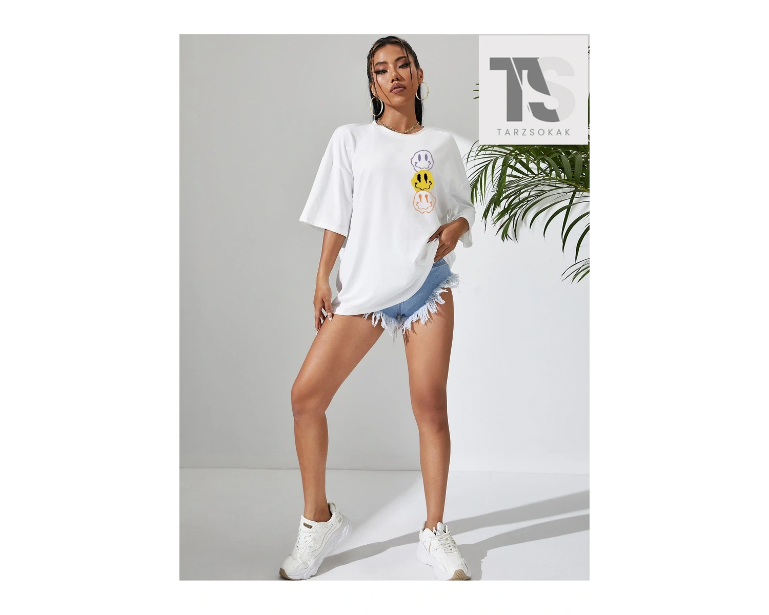 Karikatür Yüz Baskı Damla Omuz Tişört