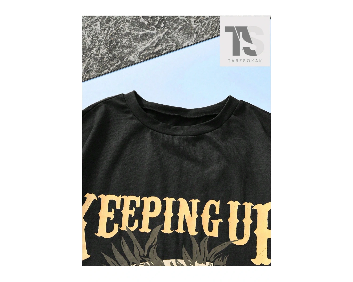 Kartal ve Slogan Grafikli Düşük Omuz Tişört