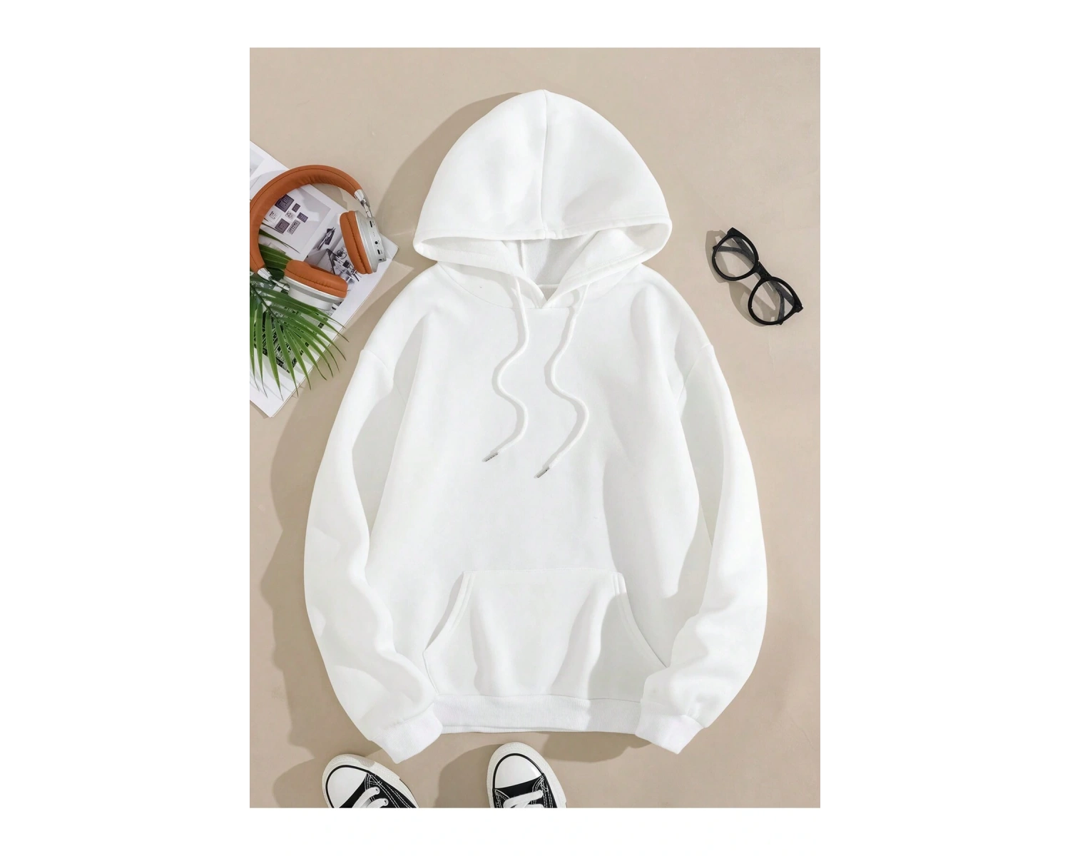 Katı Kanguru Cepli İpli Kapüşonlu Üst Beyaz