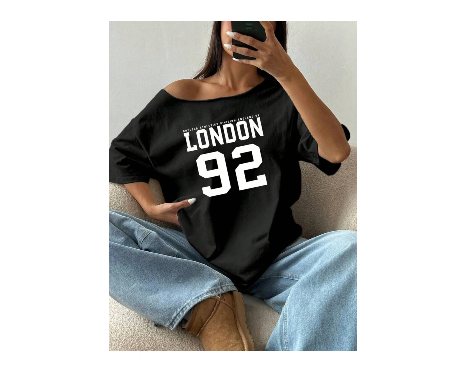 Kayık Yaka 76 Baskılı Oversize %100 Pamuk