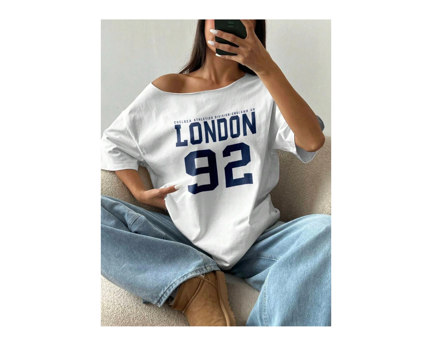 Kayık Yaka 76 Baskılı Oversize %100 Pamuk