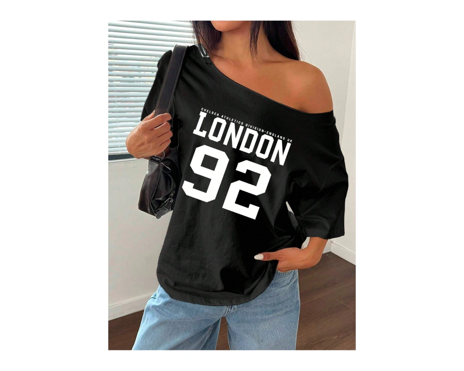 Kayık Yaka 76 Baskılı Oversize %100 Pamuk