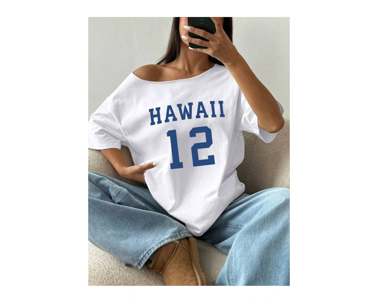 Kayık Yaka Hawaii Baskılı Oversize %100 Pamuk