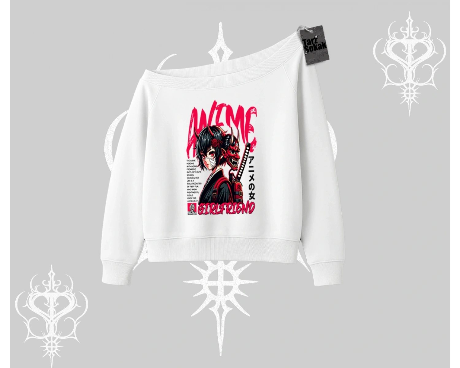 Kayık Yaka Sweatshirt Anime Girlfriend Kırmızı