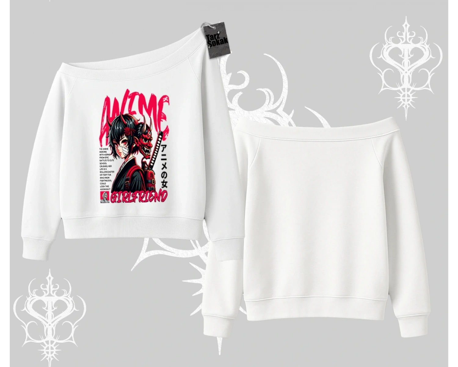 Kayık Yaka Sweatshirt Anime Girlfriend Kırmızı