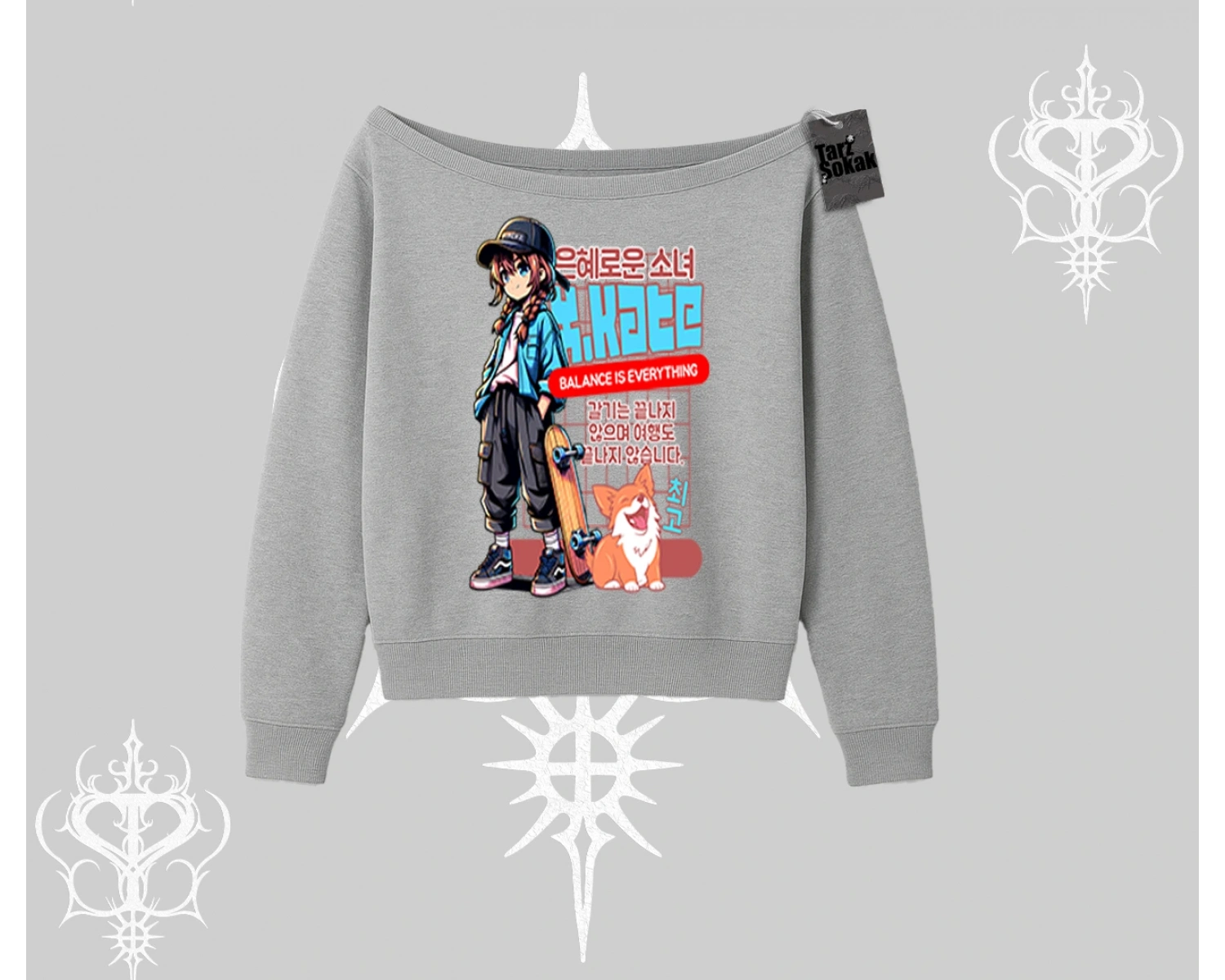 Kayık Yaka Sweatshirt Anime Hiker Girl Balance Is Everything Baskılı