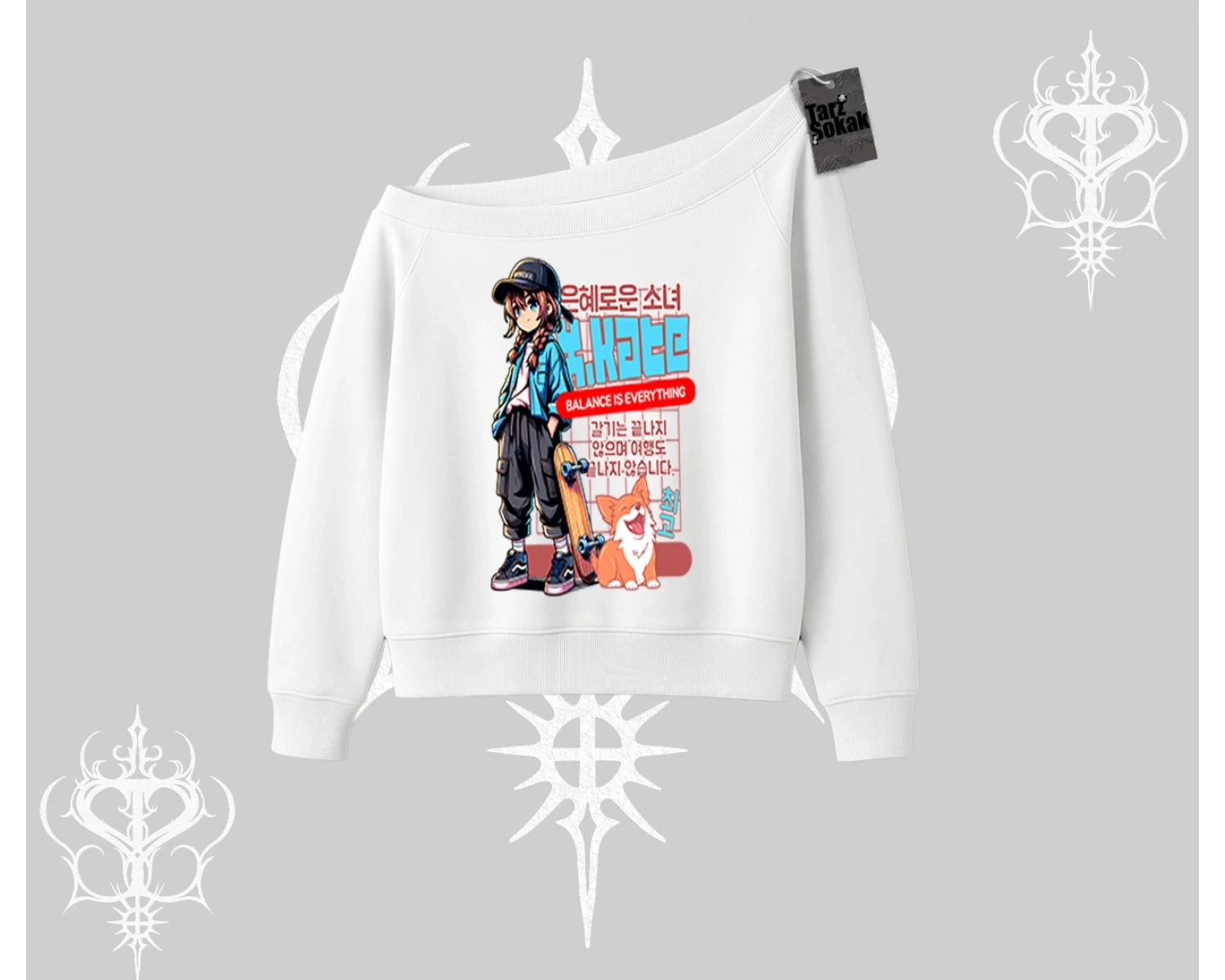 Kayık Yaka Sweatshirt Anime Hiker Girl Balance Is Everything Baskılı