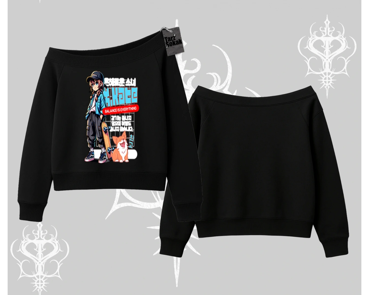 Kayık Yaka Sweatshirt Anime Hiker Girl Balance Is Everything Baskılı