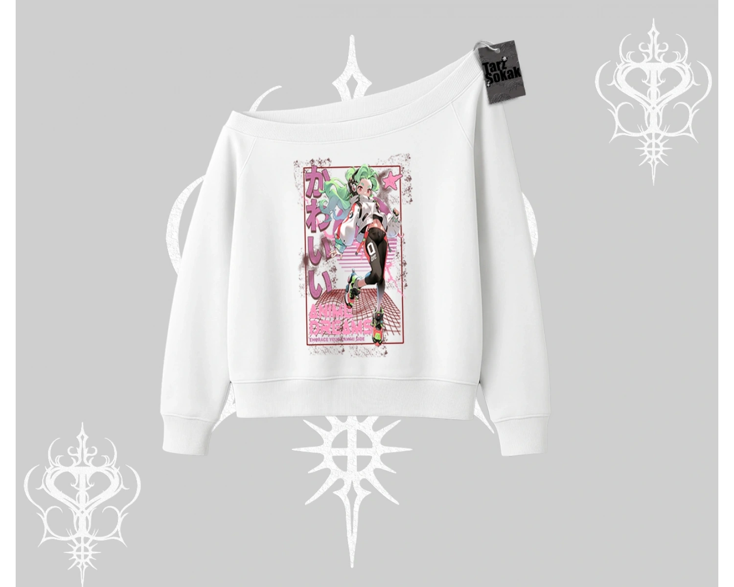 Kayık Yaka Sweatshirt Anime Kawaii Japon Kız Desenli