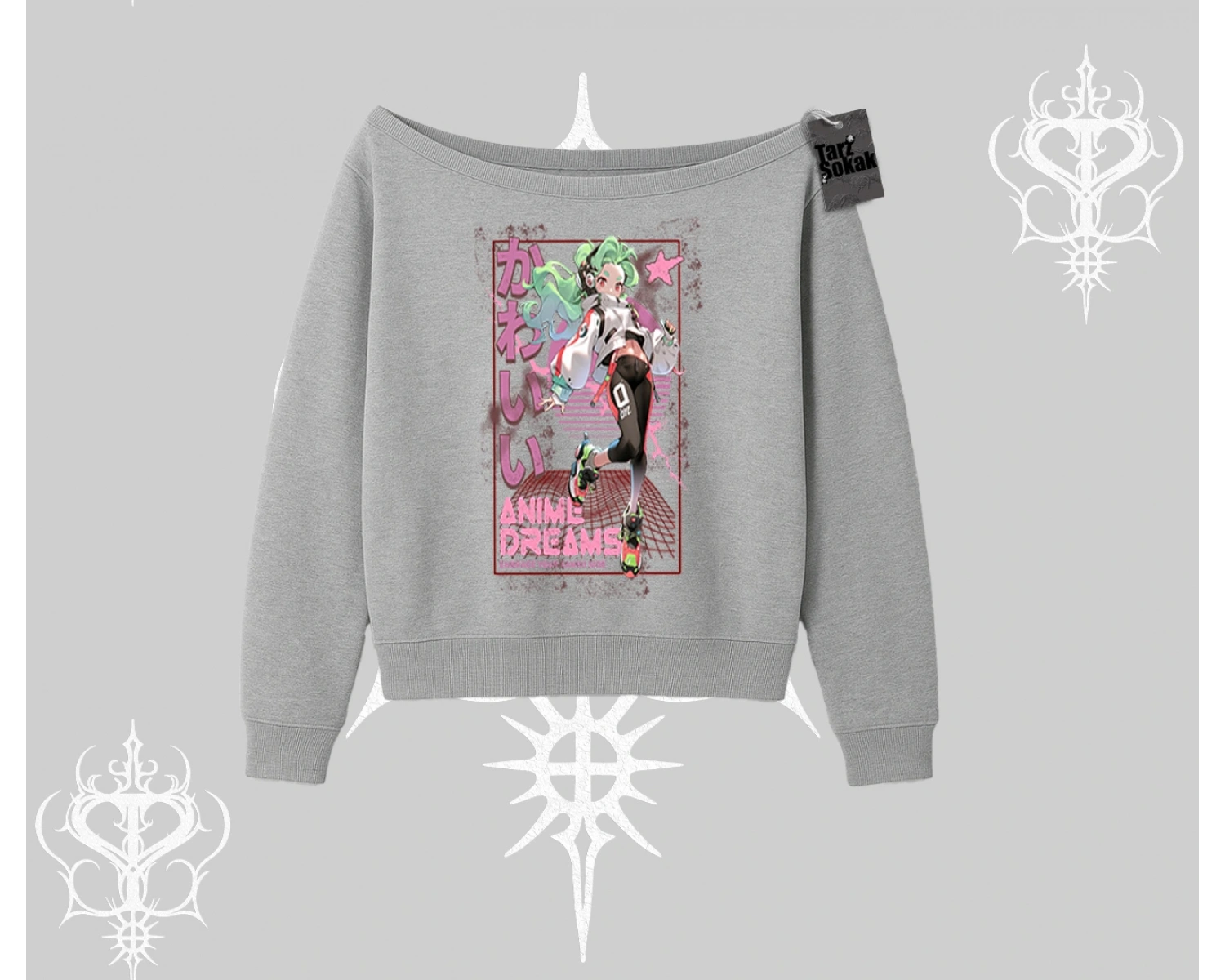 Kayık Yaka Sweatshirt Anime Kawaii Japon Kız Desenli