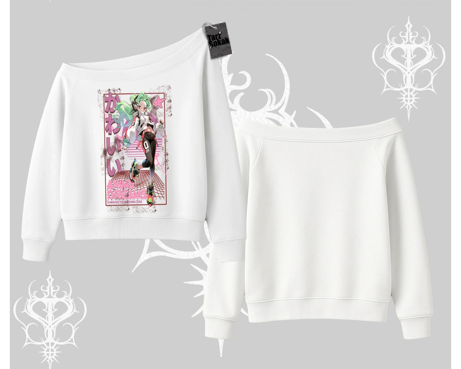 Kayık Yaka Sweatshirt Anime Kawaii Japon Kız Desenli