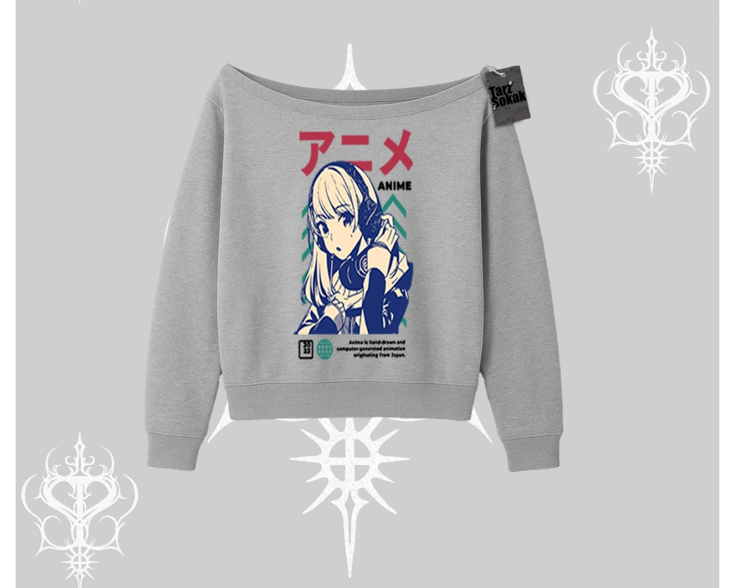 Kayık Yaka Sweatshirt Anime Kız Desenli Japon Tarzı