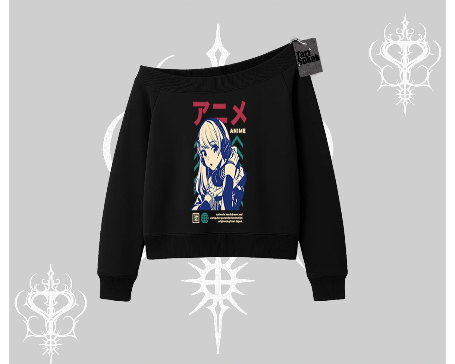 Kayık Yaka Sweatshirt Anime Kız Desenli Japon Tarzı